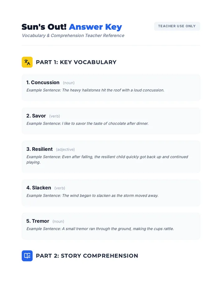 Vocabulary and Comprehension Answer Key