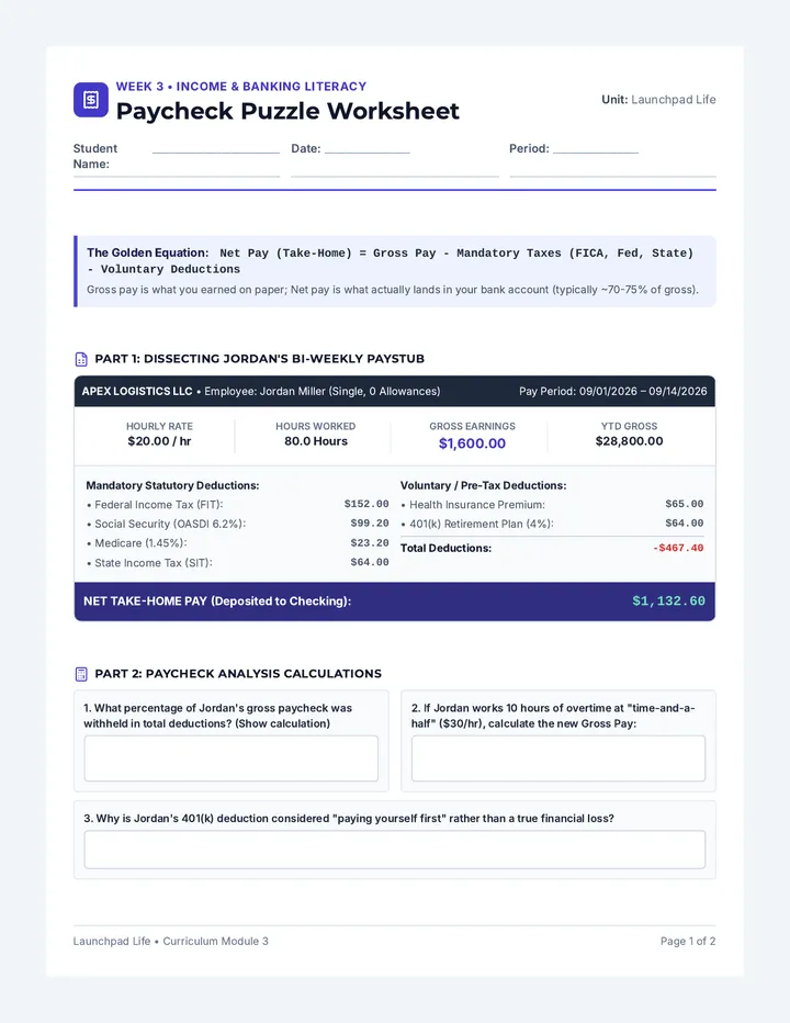 Paycheck Puzzle Worksheet