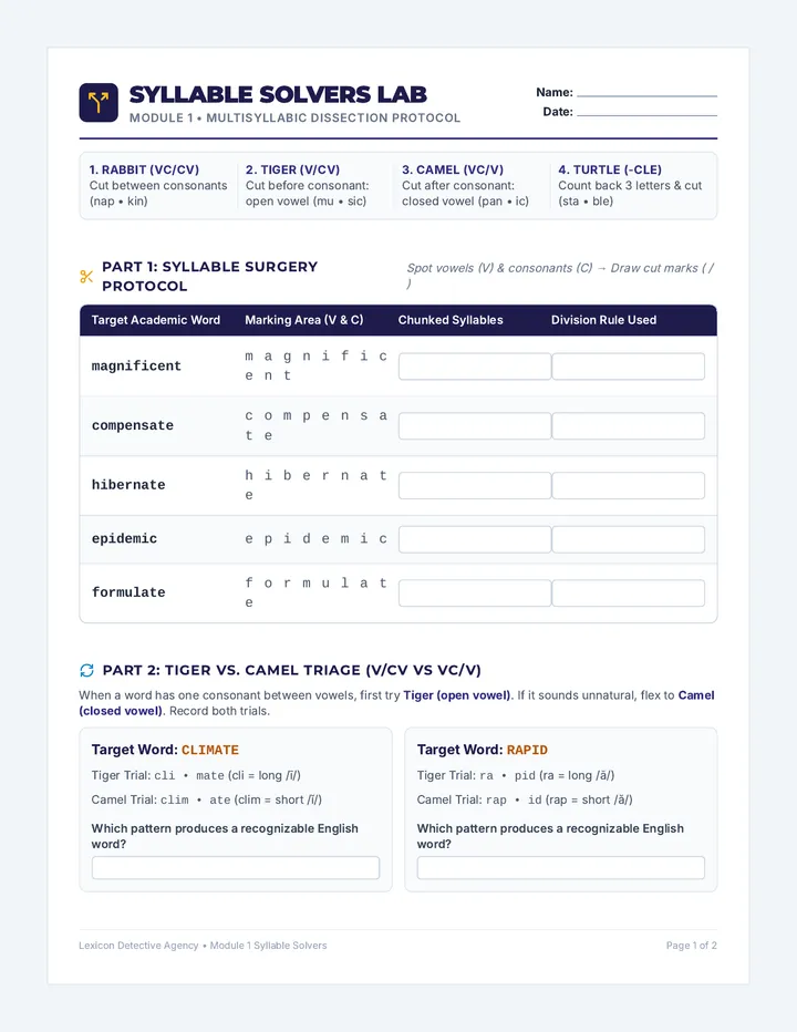 Syllable Solvers Worksheet