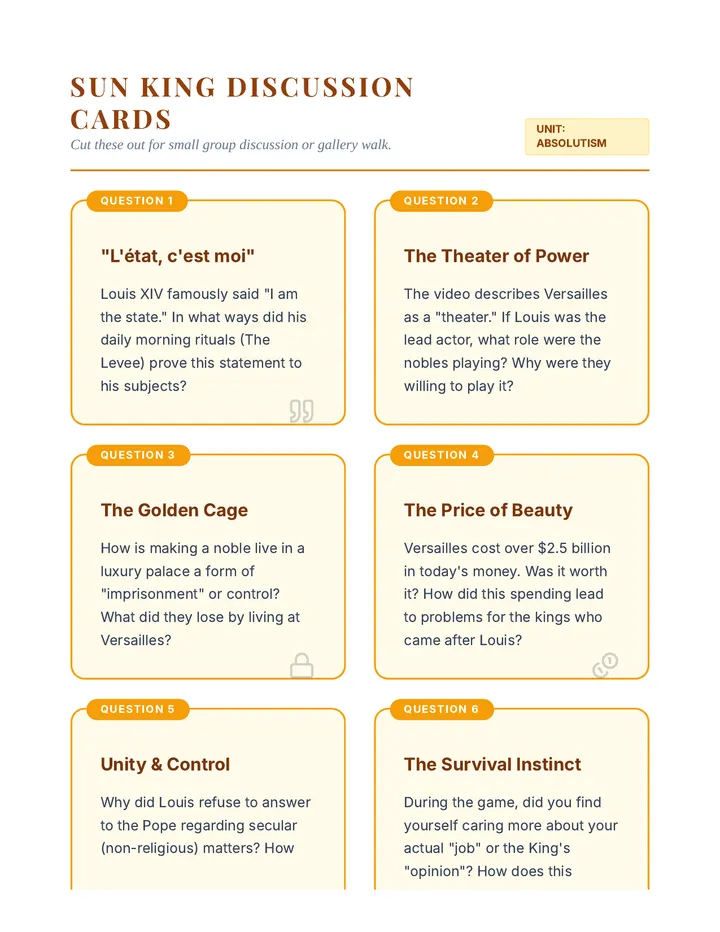 Sun King Discussion Cards