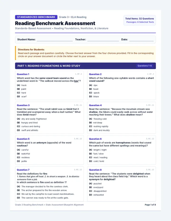 Reading Benchmark Student Test
