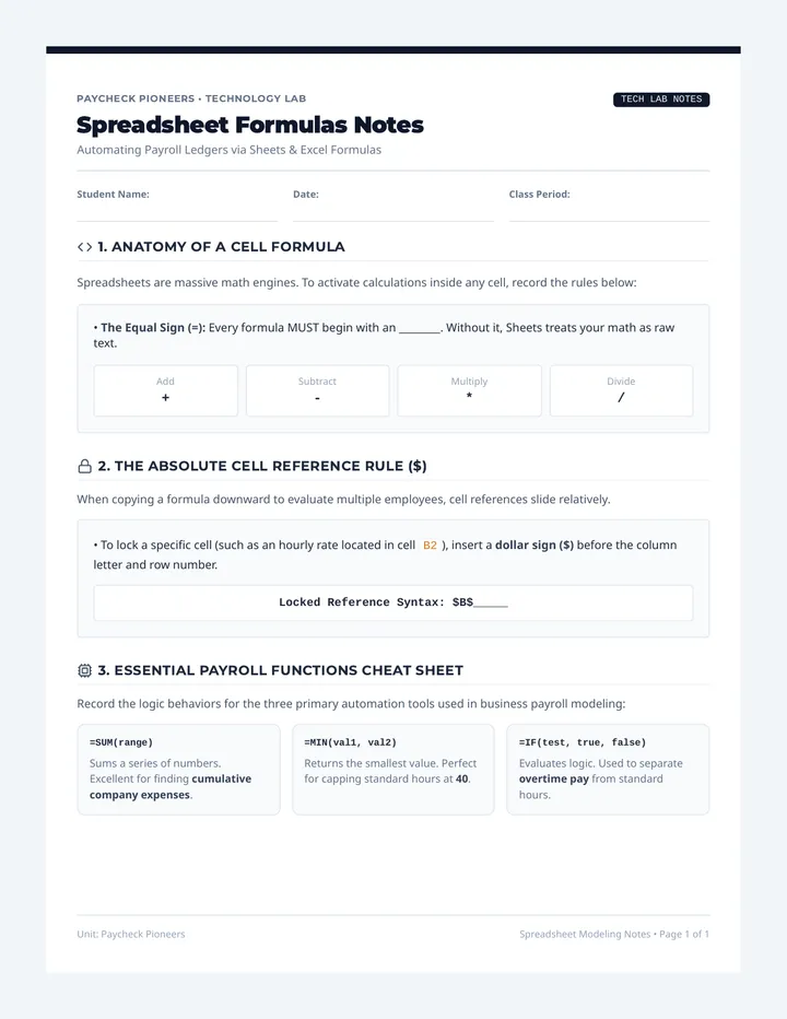 Spreadsheet Formulas Guided Notes
