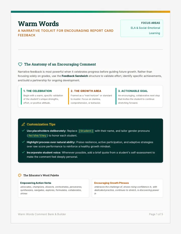 Warm Words Comment Bank page 1