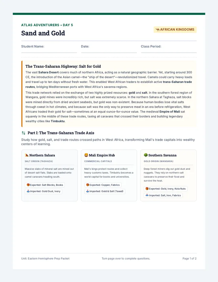 Sand and Gold Worksheet