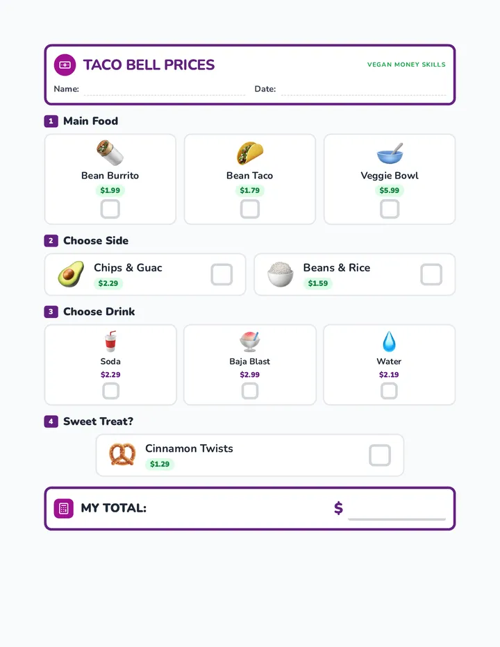 Taco Bell Vegan Prices Checklist