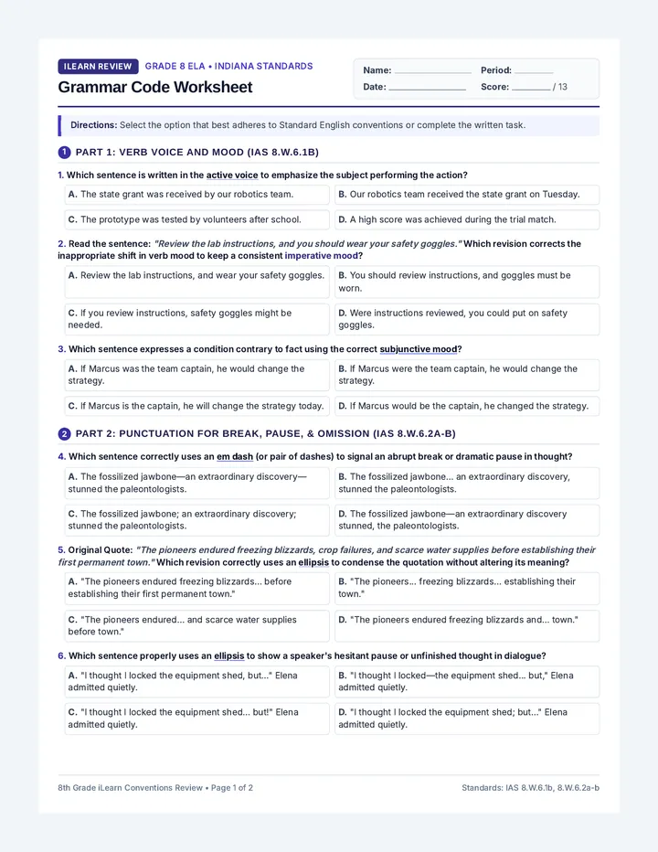 Grammar Code Worksheet