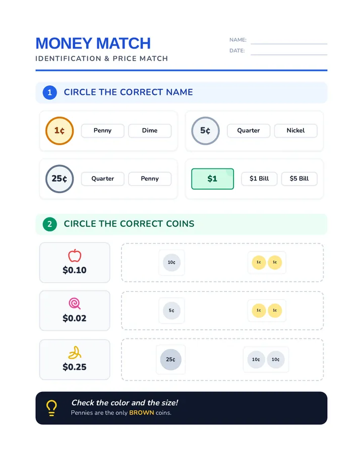 Money Match Worksheet