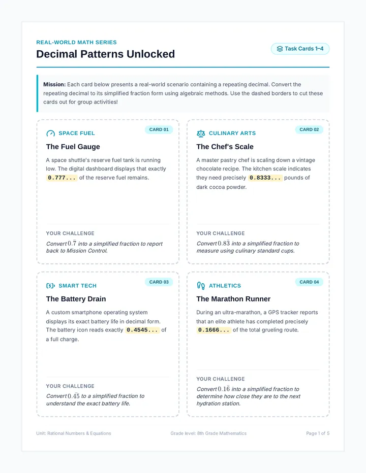 Decimal Matchup Task Cards