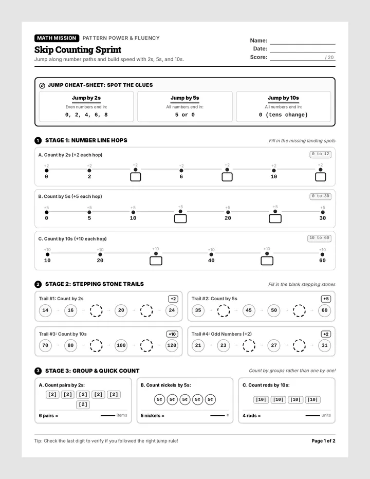 Skip Counting Sprint Worksheet