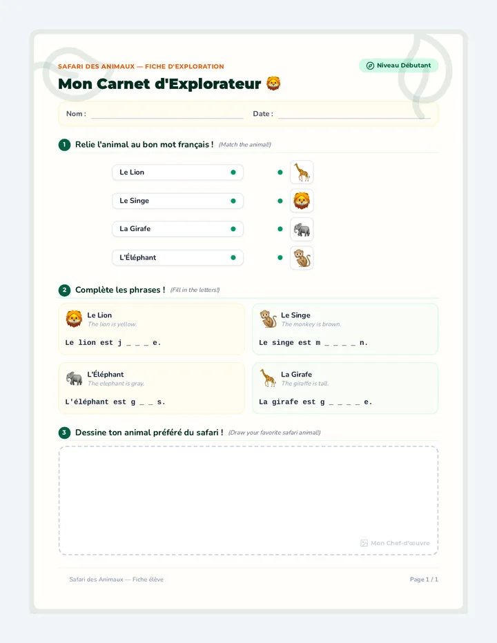 Safari Animaux Worksheet