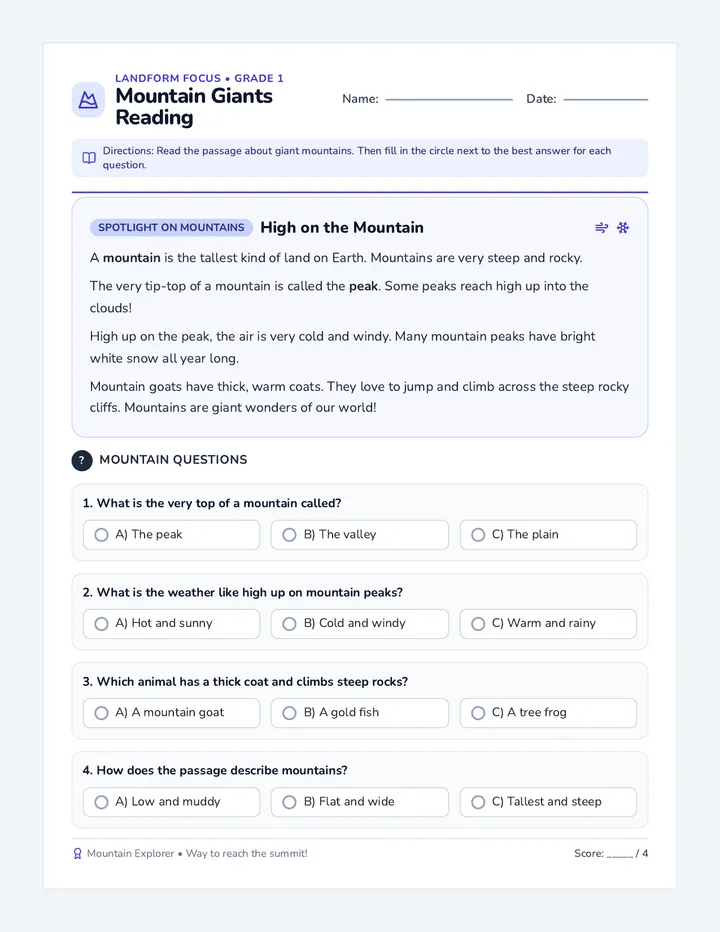 Mountain Giants Reading Worksheet