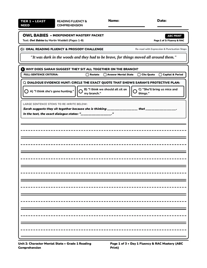 Owl Babies Tier 1 Worksheet