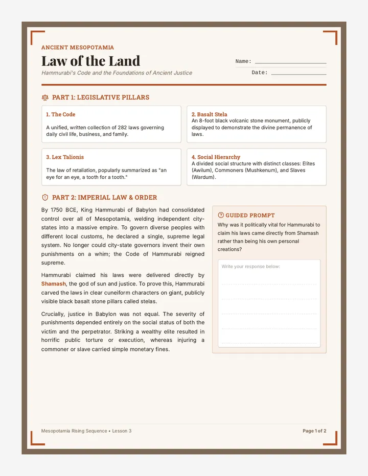 Hammurabi Code Worksheet