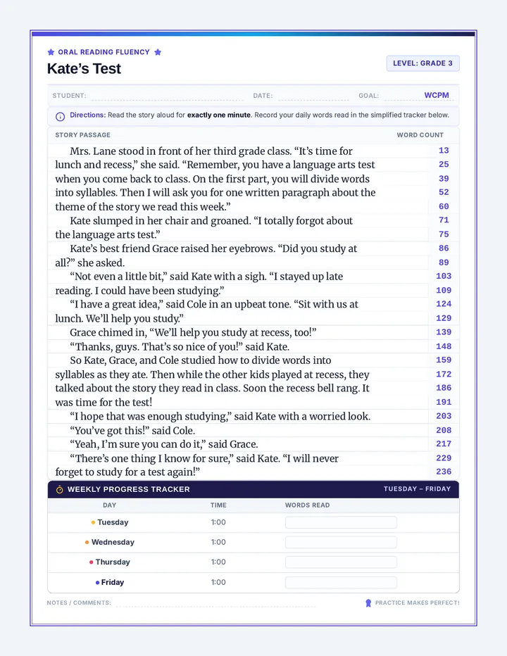 Kates Test Fluency Practice Sheet