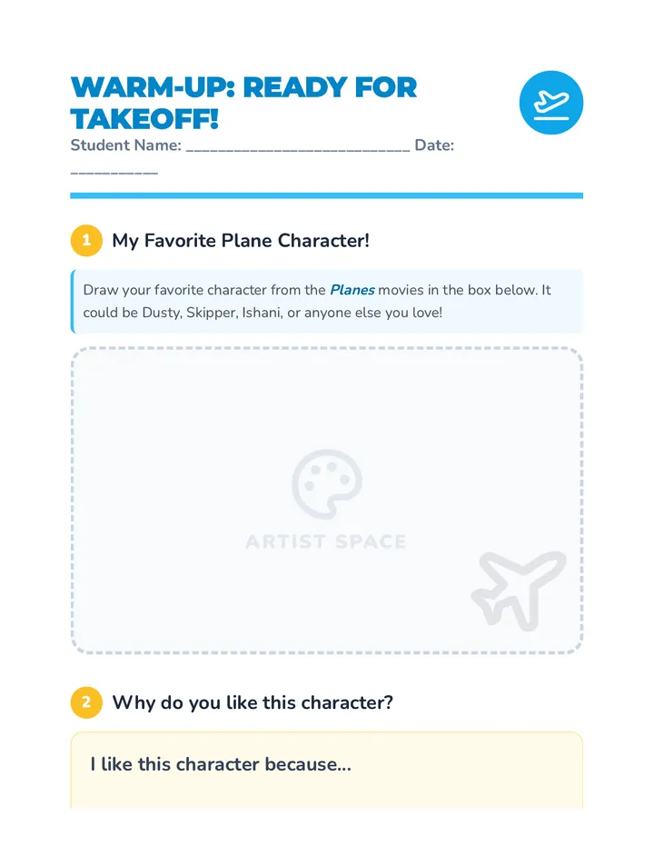 Ready for Takeoff Warm Up Worksheet