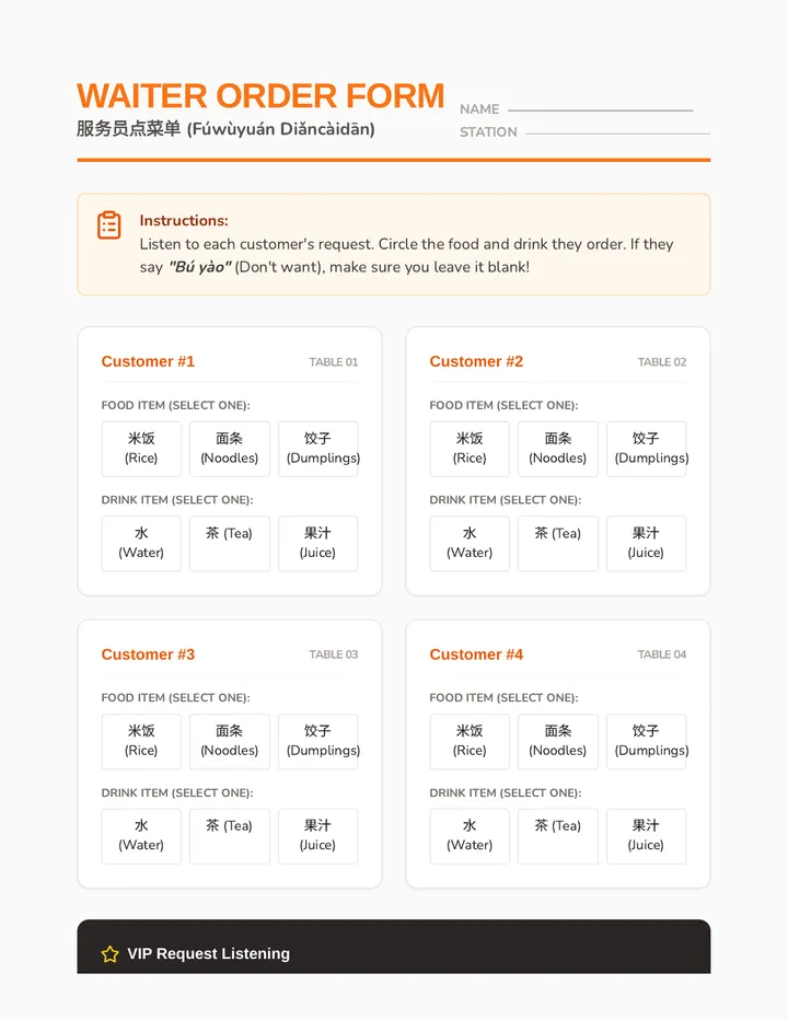 Waiter Order Form