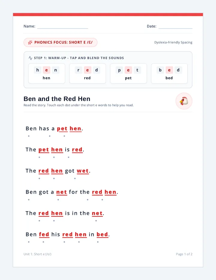 Red Hen Decodable Passage