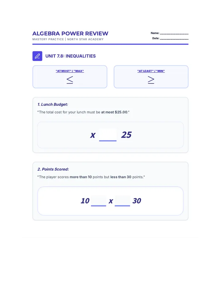 Algebra Power Review Worksheet
