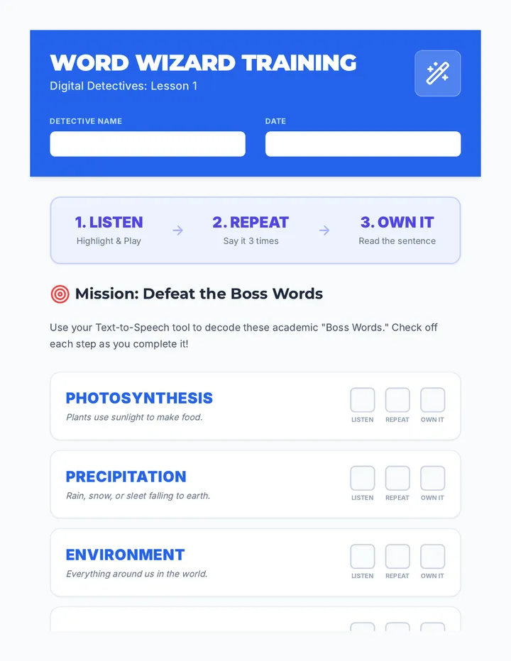 Word Wizard Training Worksheet