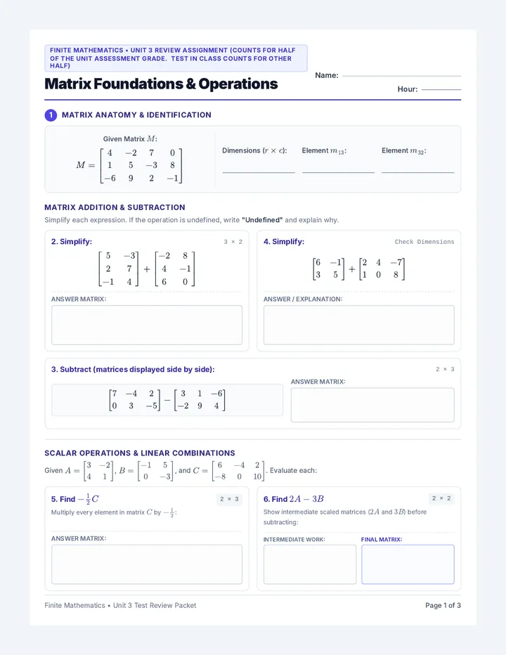 Matrix Systems Review Worksheet