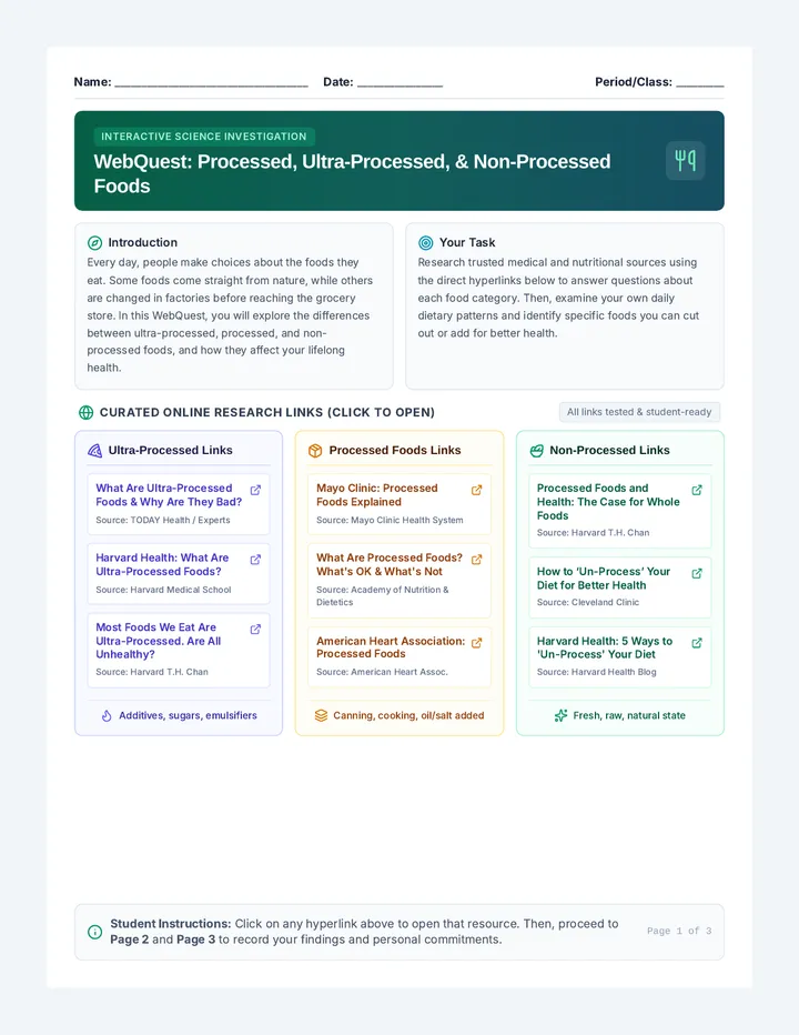 Food WebQuest Worksheet