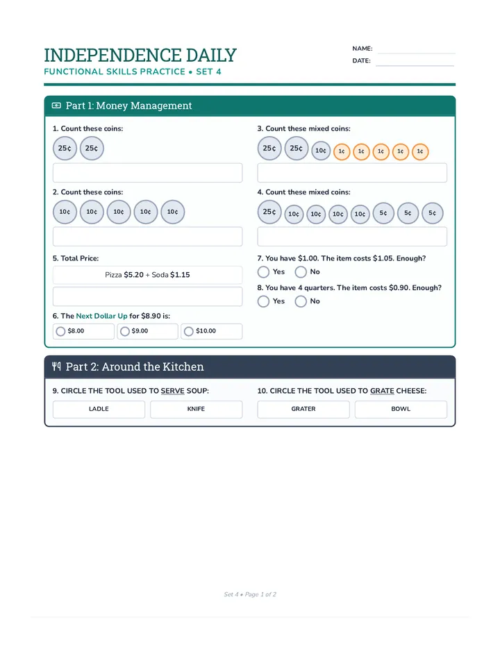 Independence Daily Worksheet 4