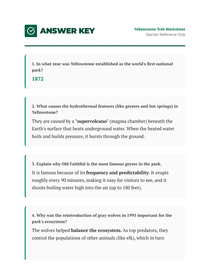Yellowstone Trek Answer Key