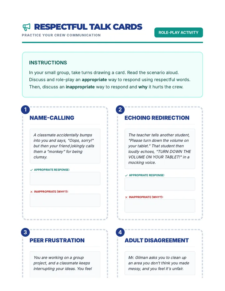 Respectful Talk Cards Activity