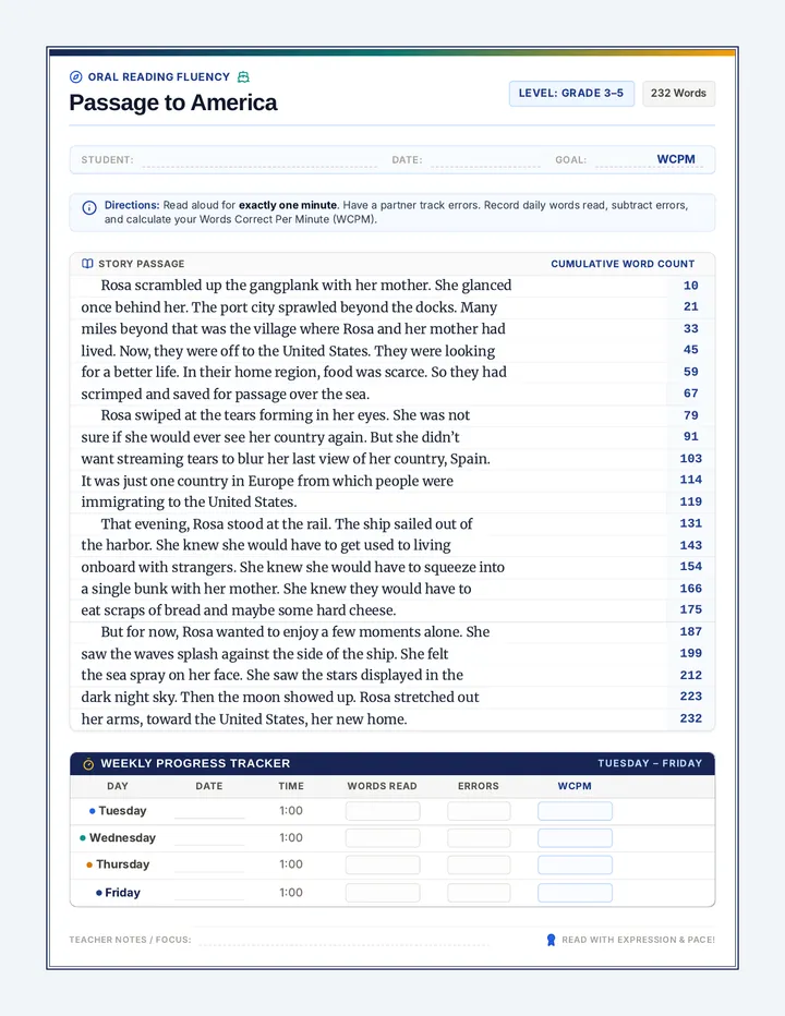 Passage to America Fluency Sheet