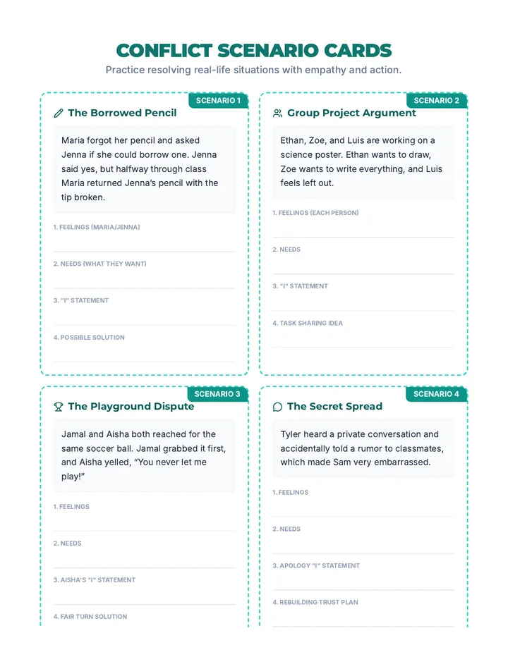 Conflict Scenario Cards Worksheet