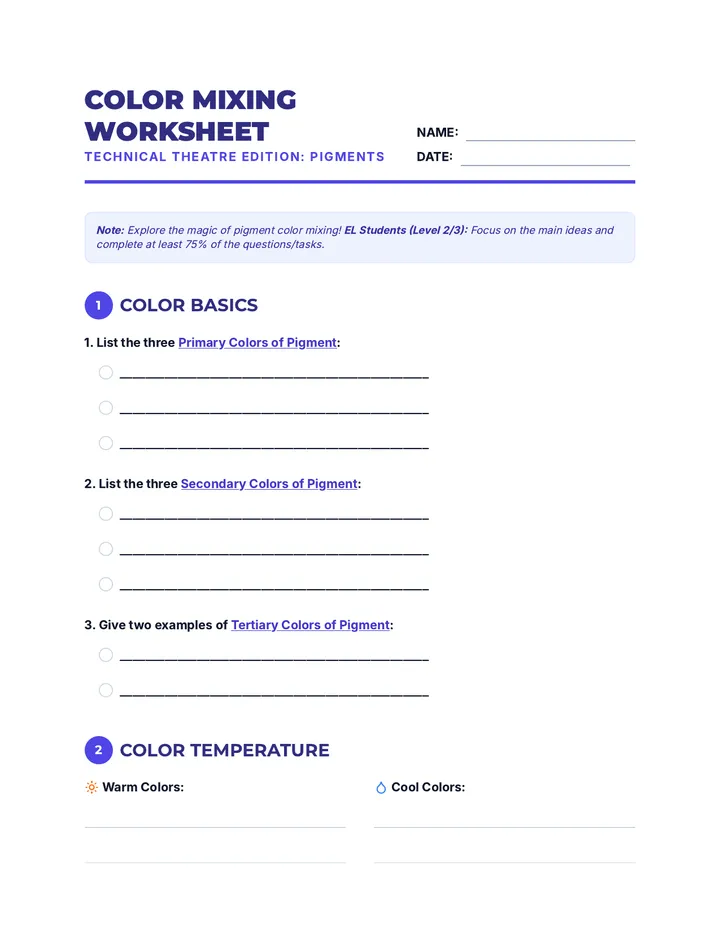 Color Mixing Worksheet