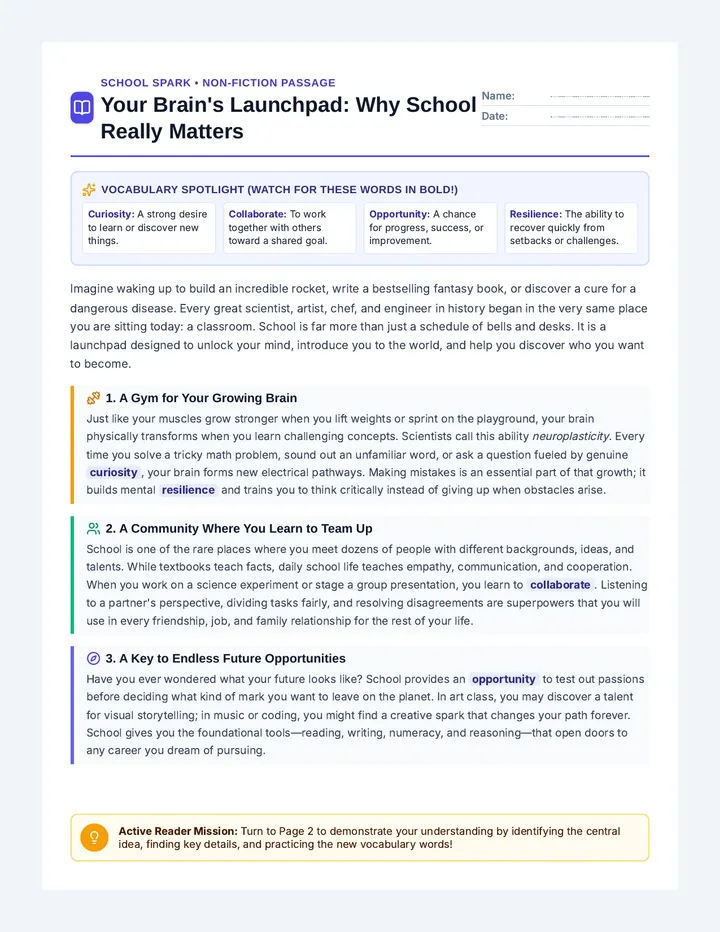 School Spark Reading Worksheet