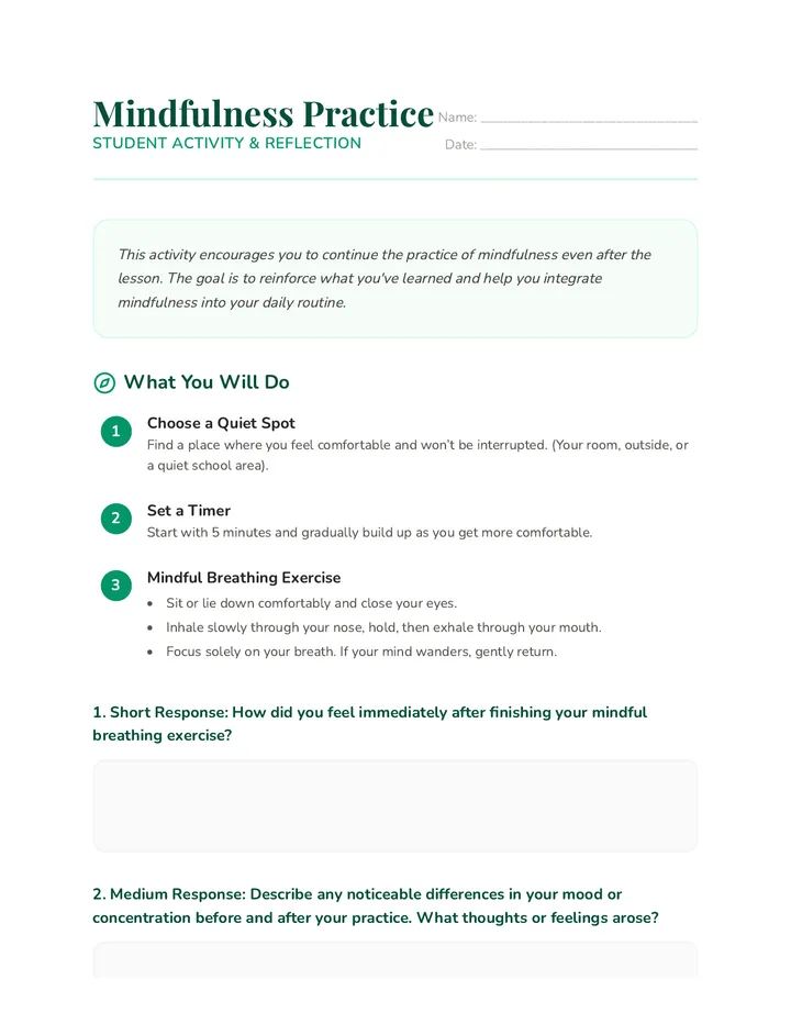 Mindfulness Practice Activity Sheet