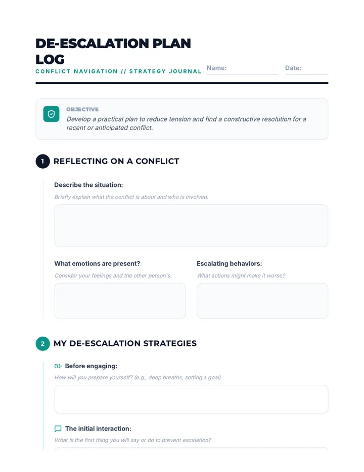 De-escalation Plan Log Journal