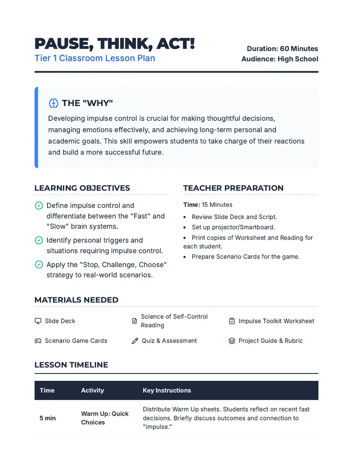 Pause Think Act Lesson Plan