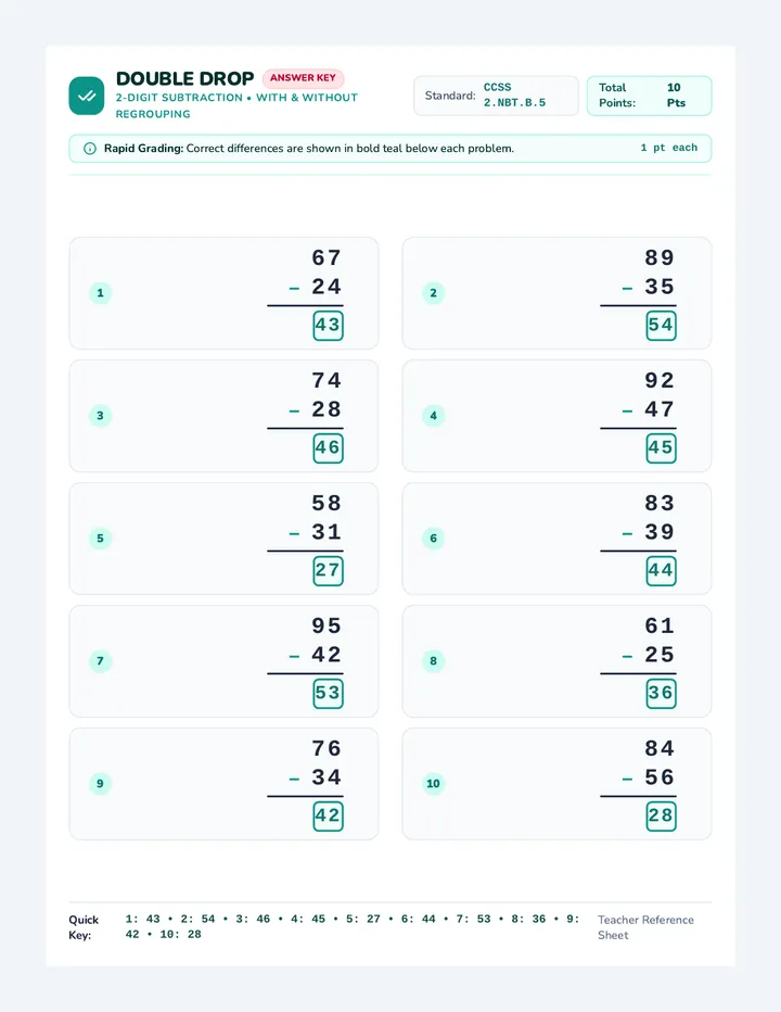 Double Drop Subtraction Answer Key