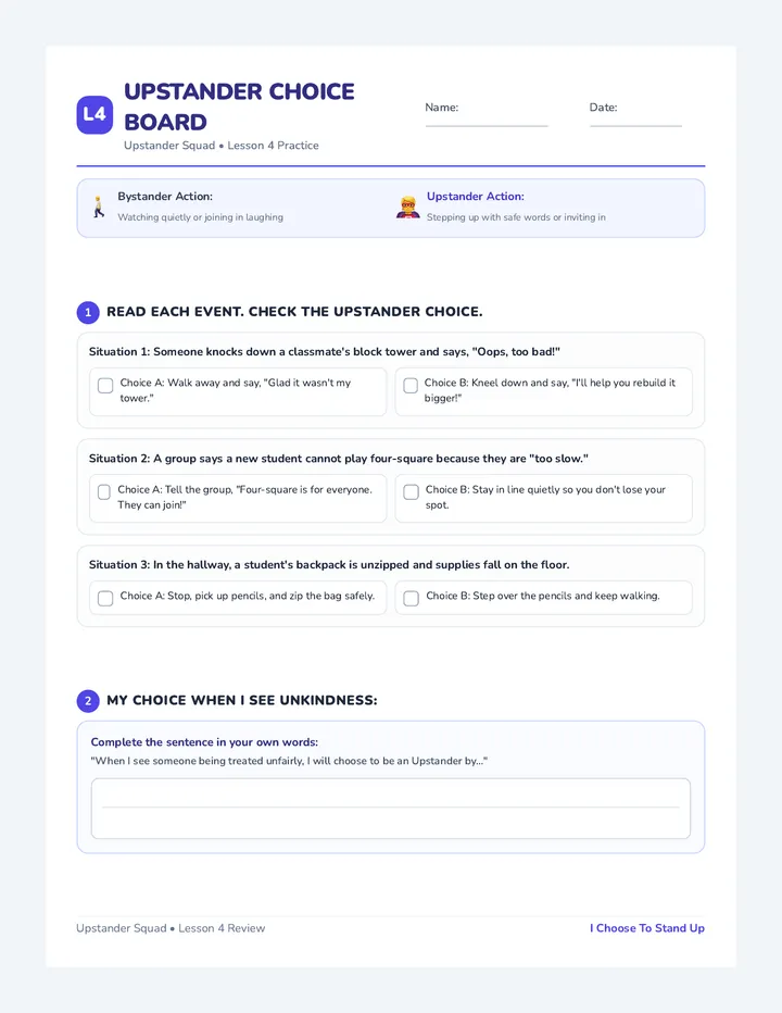 Upstander Choice Board Worksheet