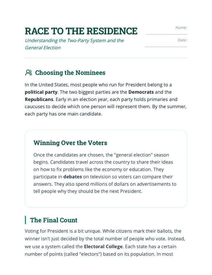 Race to the Residence Worksheet