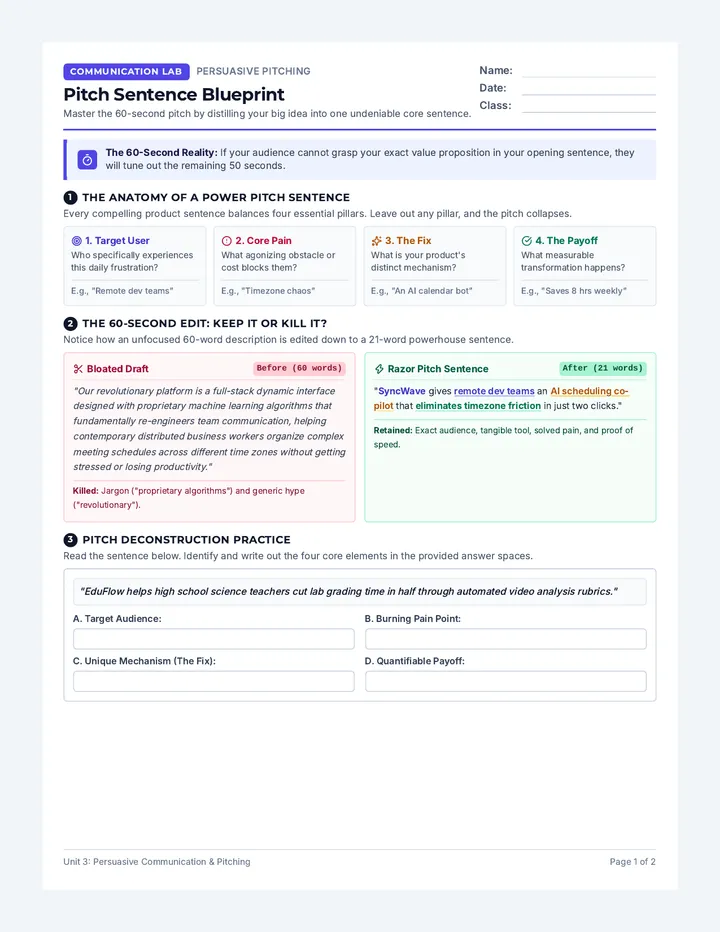 Pitch Sentence Blueprint Worksheet
