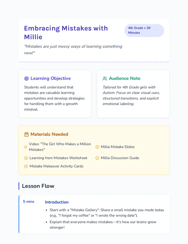 Embracing Mistakes Millie Lesson Plan