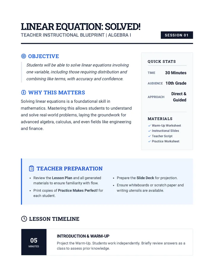 Linear Equation Lesson Plan