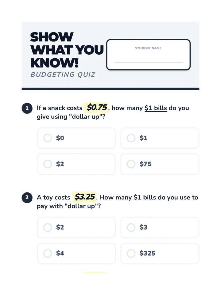 Dollar Up Assessment Quiz Worksheet