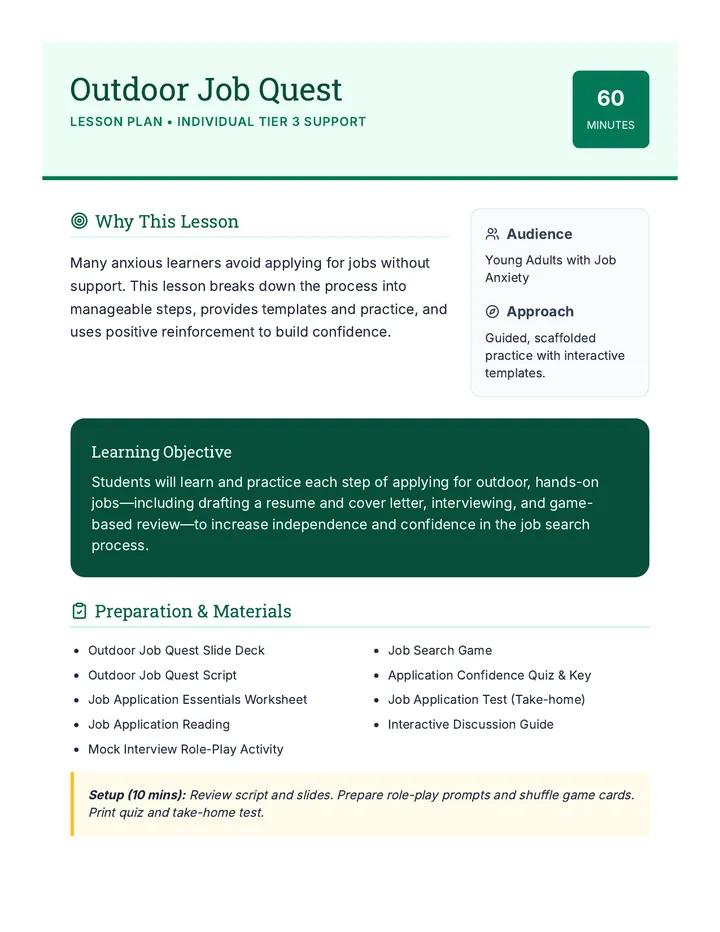 Outdoor Job Quest Plan