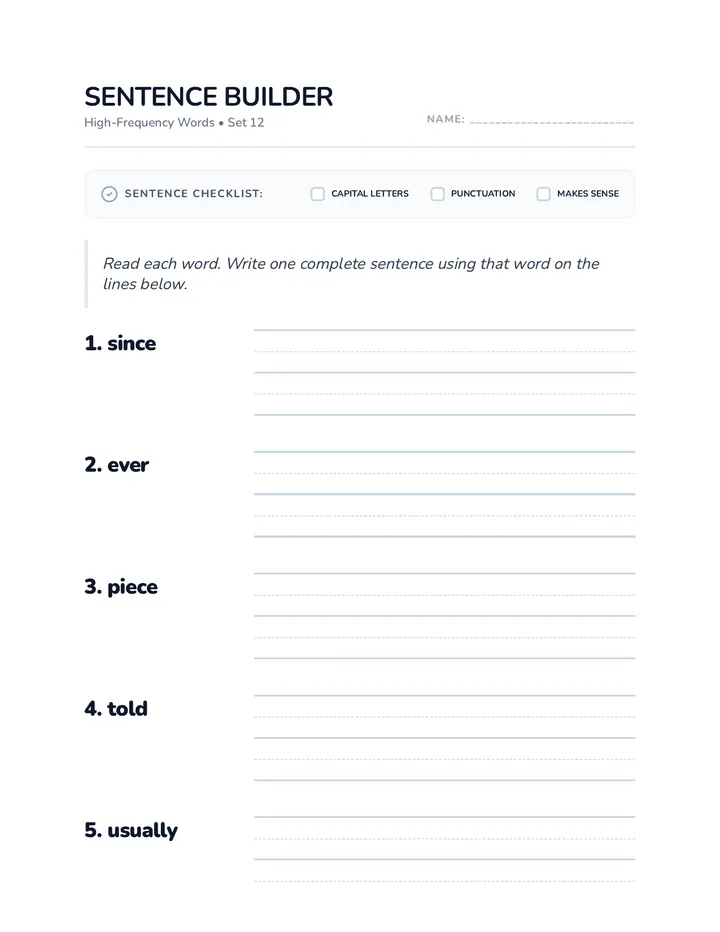 Sentence Builder Set 12 Worksheet