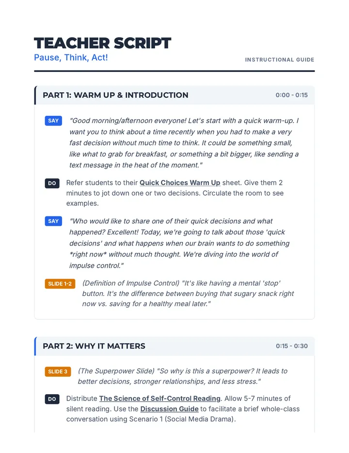 Pause Think Act Teacher Script