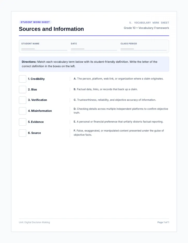 Sources Vocabulary Worksheet