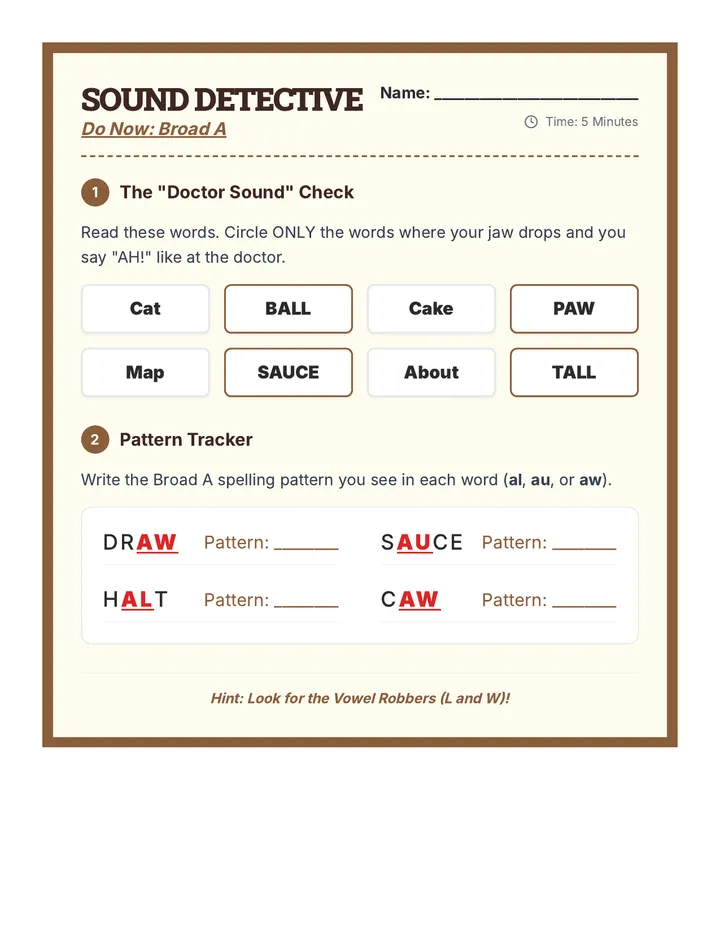 Broad A Do Now Worksheet