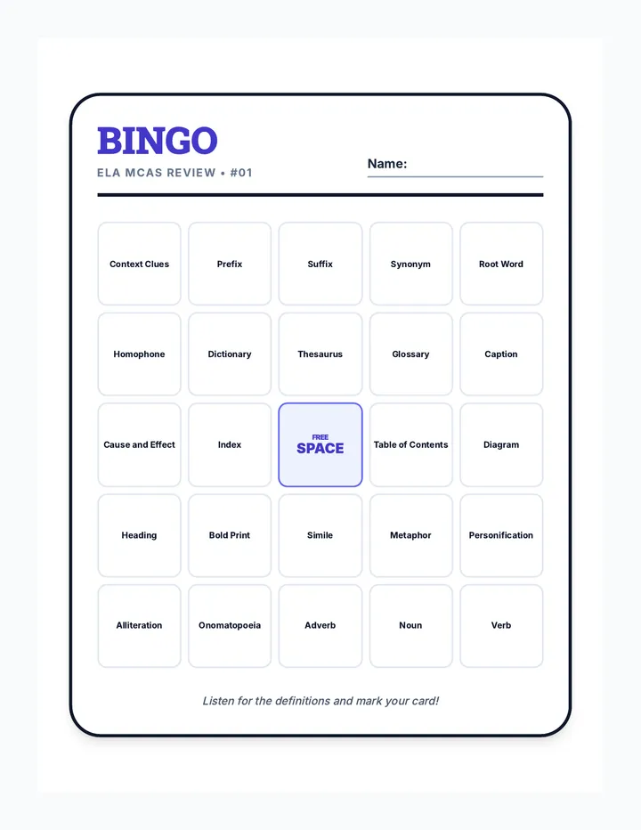 MCAS Bingo Cards