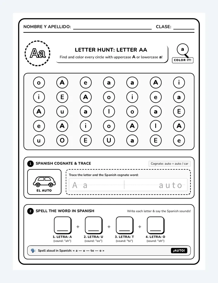 Letter A Cognate Worksheet