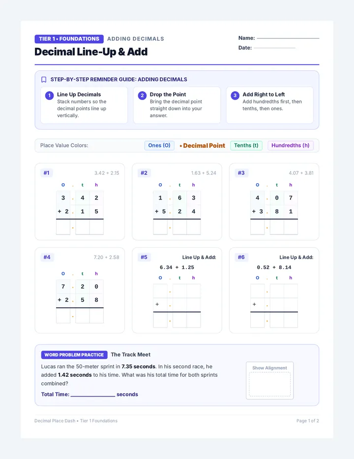 Decimal Foundations Tier One Worksheet